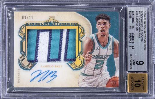2020-21 Panini National Treasures Crossover 11 Rookie Patch Autographs #12 LaMelo Ball Signed Patch Rookie Card (#03/11) - BGS MINT 9/BGS 10